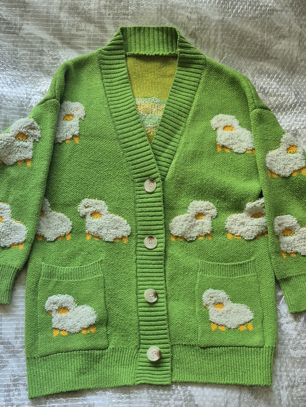 Cozy Cottagecore Green Sheep Print Chunky V-Neck Cardigan